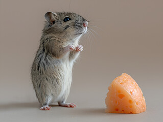 cute gray hamster stands in front of a piece of cheese