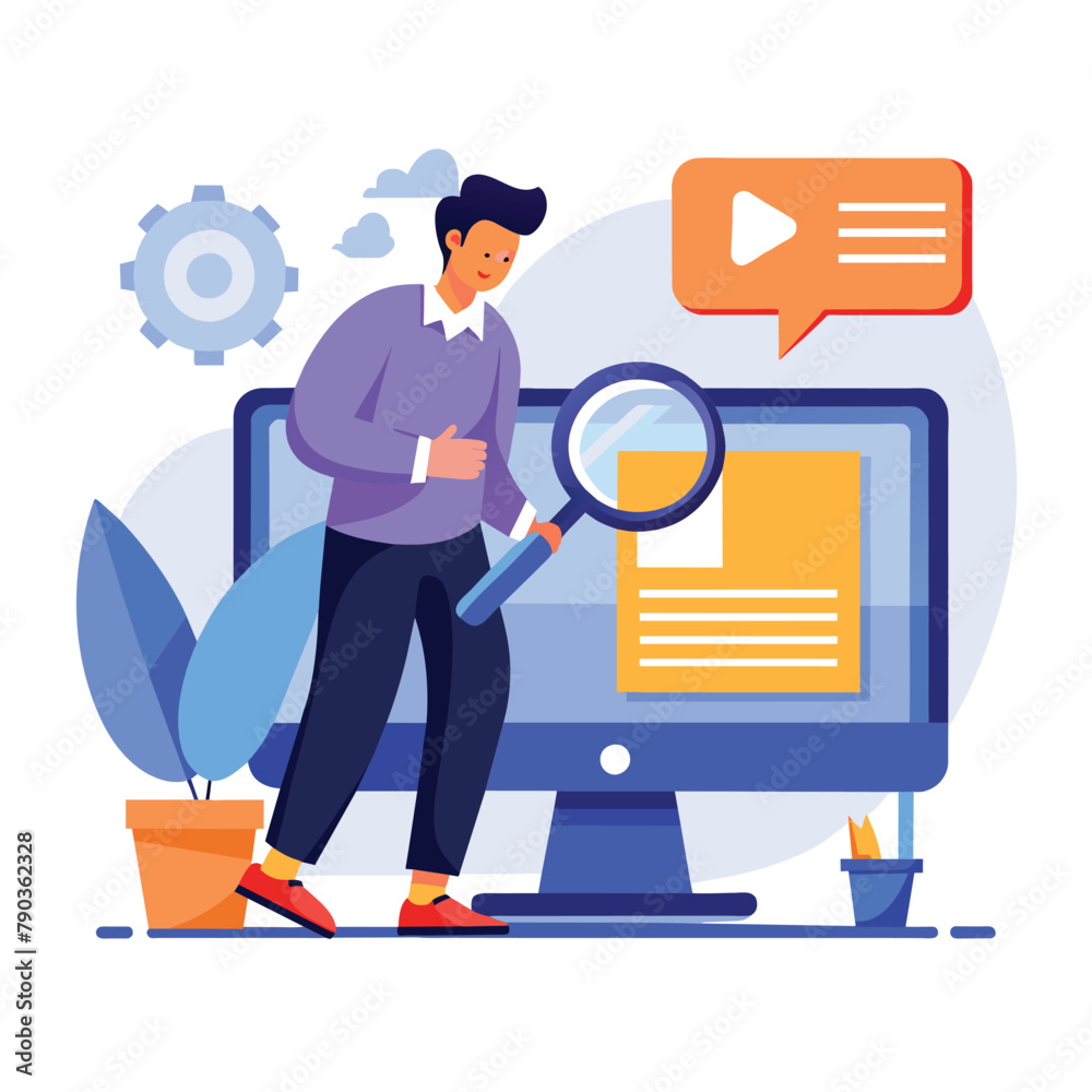 Poster man holding magnifying glass examining computer screen, a man looking for a file with a magnifier on