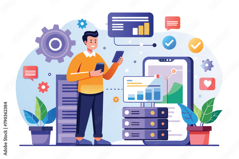 Aufkleber man standing in front of large data stack, a man maintenance big data applications via smartphone, d