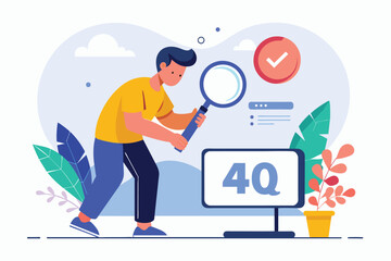 A man examines closely through a magnifying glass, A man looking for 404 error page not found, Simple and minimalist flat Vector Illustration - obrazy, fototapety, plakaty