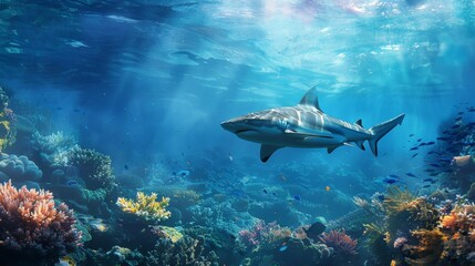 Reef shark encounter: A curious reef shark investigates a coral reef, its sleek silhouette cutting through the azure waters with grace. - obrazy, fototapety, plakaty