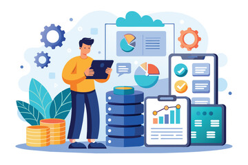 Man Analyzing Stacks of Data, A man maintenance big data applications via smartphone, data processing software, database management, Simple and minimalist flat Vector Illustration