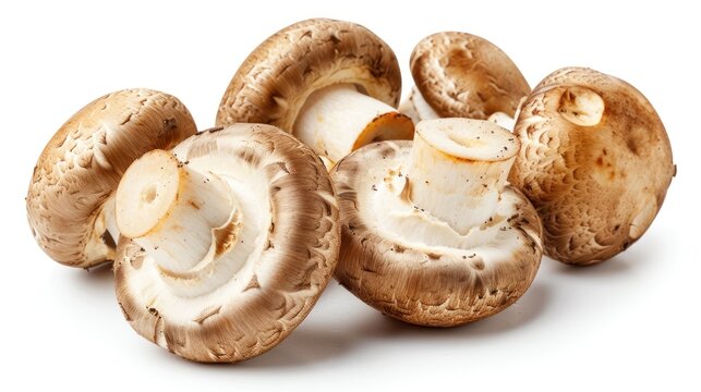 Pile fresh brown champignon mushrooms for healthy food on white background. AI generated image
