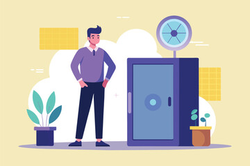 A man stands in front of a cabinet that has a clock on top of it, a man standing next to a safe box, Simple and minimalist flat Vector Illustration