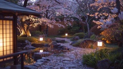 Sakura at dusk: The soft glow of twilight illuminates cherry blossoms in a tranquil garden, casting a magical aura over the scene.