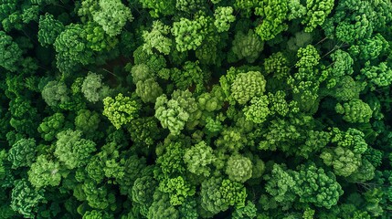 Obraz premium Aerial top view of green trees in forest. Drone view of dense green tree captures CO2. Green tree nature background for carbon neutrality and net zero emissions concept.