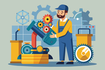 Mechanic fixing engine using wrench in workshop, A mechanic analyzes engine damage, Simple and minimalist flat Vector Illustration