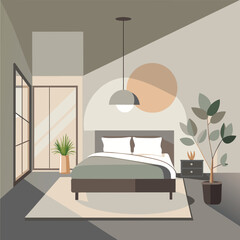 A simple bedroom with a bed and a plant in the corner, featuring a minimalist design with a neutral color palette, Packing a box with a wall clock, Simple and minimalist flat Vector Illustration