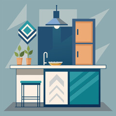 A minimalist kitchen featuring sleek countertops and stools for seating, Working with computer screen, Simple and minimalist flat Vector Illustration