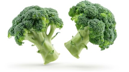 Closeup flying fresh green broccoli vegetables on white background. AI generated image