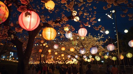 Sakura festival: Colorful lanterns illuminate a night sky adorned with cherry blossoms, marking the joyous celebration of hanami.