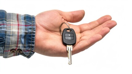 Portrait cropped a male hand holding a new car key on white background. AI generated