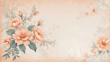 Delicate shabby chic background in soft peach tones with vintage-style abstract flowers, lending a whimsical and charming vibe to your designs. - obrazy, fototapety, plakaty