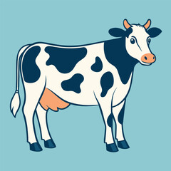 Black and White Cow Standing on Blue Background, A simple and elegant vector drawing of a dairy cow, with clean lines and a touch of nostalgia, Simple and minimalist flat Vector Illustration