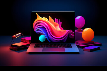 Modern Technology Illustration: Laptop and Graphic Elements Representing the Digital World