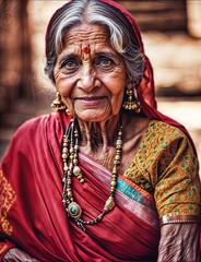 Obraz premium The elderly woman from India is wearing a sari. It's the Holi festival, known as the Festival of Colors.