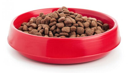 Closeup tasty brown dry cat food in red bowl on white background. AI generated image