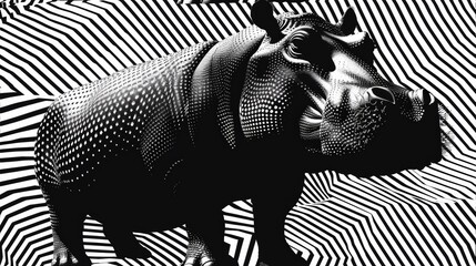 Naklejka premium A black and white image of a hippo standing in front of an abstract background, AI
