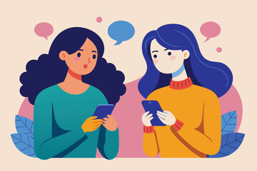 Two women standing beside each other, engaged in conversation while looking at a phone, A woman date chatting to each other using phone, Simple and minimalist flat Vector Illustration
