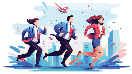 Business people running in race with documents. 2d