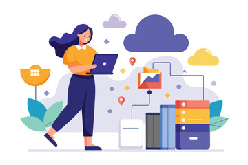 A woman standing beside a stack of files, typing on her laptop to input data into cloud storage, A woman inputs data into cloud storage, Simple and minimalist flat Vector Illustration - obrazy, fototapety, plakaty