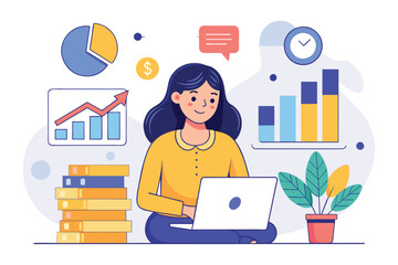 A woman sits in front of a laptop, analyzing growth data for her simulation game, a woman makes money from growth data analysis, Simple and minimalist flat Vector Illustration