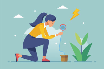 A woman kneels down to inspect a light bulb, a woman needs a power source, Simple and minimalist flat Vector Illustration