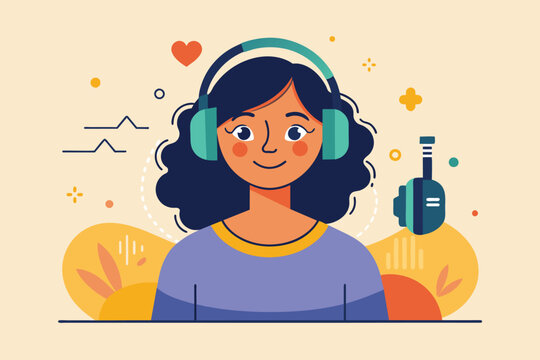 A woman wearing headphones and listening to music with a focused expression, A woman listening to a music podcast trending, Simple and minimalist flat Vector Illustration