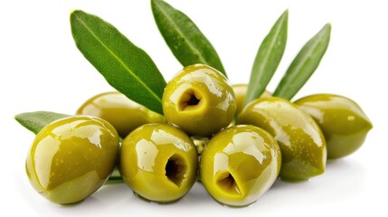 Closeup detailed of fresh green olives with green leaves on white background. AI generated - obrazy, fototapety, plakaty