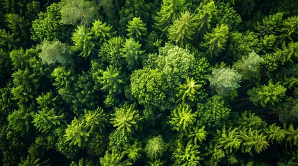 Fototapeta premium Aerial top view of green trees in forest. Drone view of dense green tree captures CO2. Green tree nature background for carbon neutrality and net zero emissions concept.