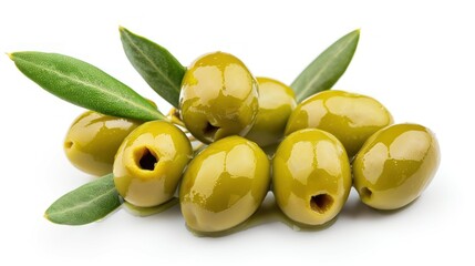 Closeup detailed of fresh green olives with green leaves on white background. AI generated - obrazy, fototapety, plakaty