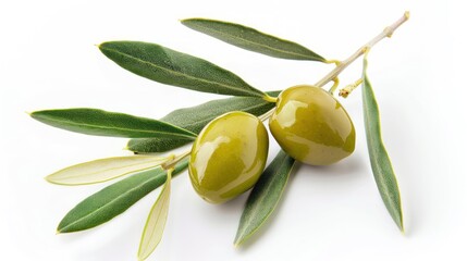 Green olives on branch with green leaves on white background. AI generated image - obrazy, fototapety, plakaty