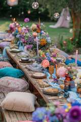 Beautiful summer outdoor garden table setting for wedding, party, picnic, celebration