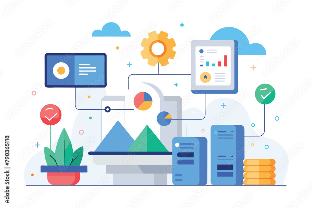 Poster flat design of a computer and a plant in a simple and minimalist style, activity install data, simpl