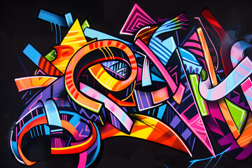 Playful neon graffiti street art with bold colors and dynamic shapes. Abstract art on black background.