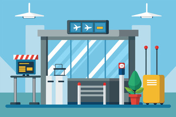 An airport terminal bustling with travelers, luggage, and luggage carts in motion, Airport security checkpoint airline, Simple and minimalist flat Vector Illustration - obrazy, fototapety, plakaty