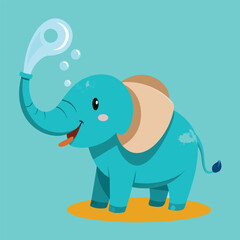 Fototapeta premium A blue elephant joyfully spraying water from its trunk with a large bubble of water attached, An elephant spraying water from its trunk playfully, Simple and minimalist flat Vector Illustration