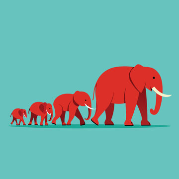 Group of elephants walking in line against a blue backdrop, An elephant family walking in a row with the smallest one trailing behind, Simple and minimalist flat Vector Illustration