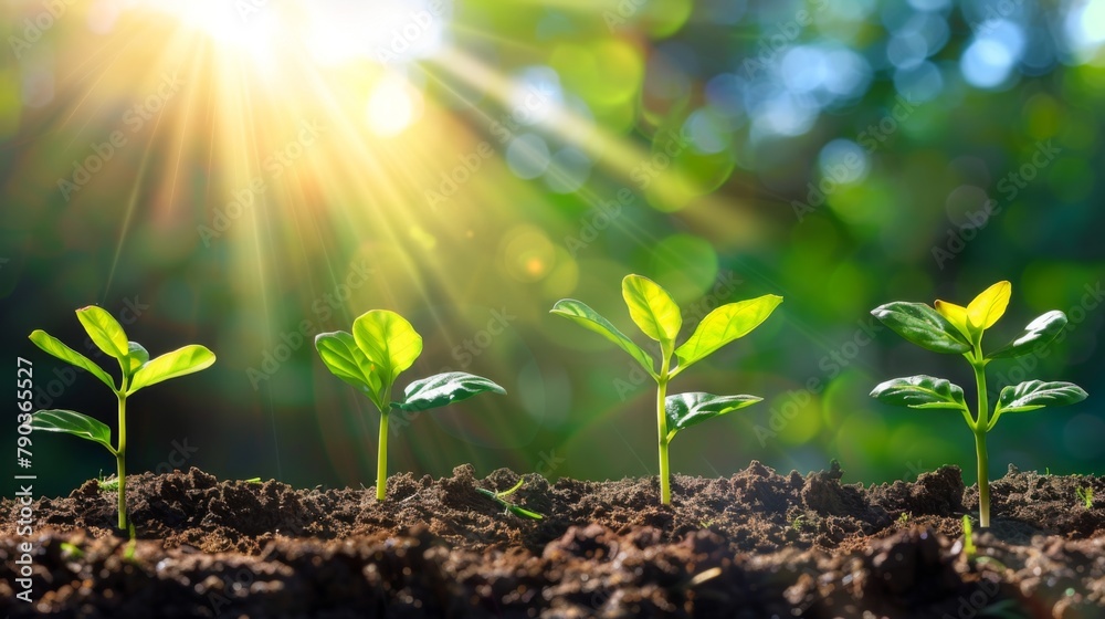 Poster seeding are growing in the soil and light of the sun, planting trees to reduce global warming.