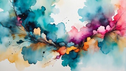 Ethereal and dreamlike abstract composition crafted with alcohol ink method, presenting a minimalist yet vibrant watercolor effect with striking color contrasts.