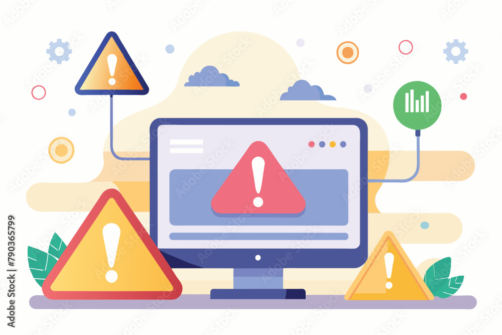 Aufkleber computer screen displaying warning sign, analysis of internet network warning error page error or in