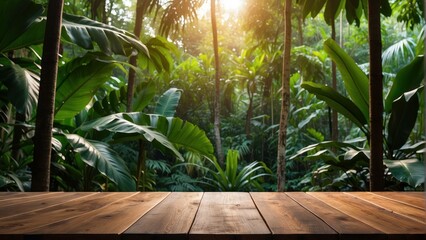 Sunlit tropical jungle view from wooden platform, evoking calm and serenity