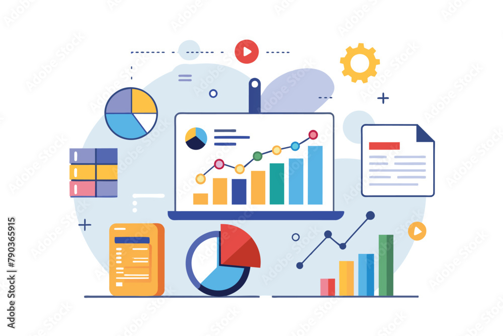 Poster computer screen displaying graphs and pie charts for business data analysis, analyze business data, 