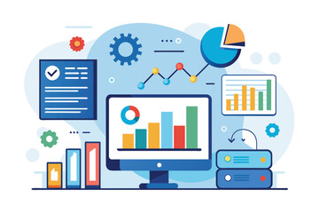 A computer screen displaying a graph with business data analysis in a simple and minimalist flat design, Analyze business data, Simple and minimalist flat Vector Illustration