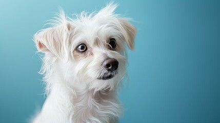Artistic Portrait of a Pure White Dog Set Against a Pastel Blue Background, Exuding Calmness and Purity