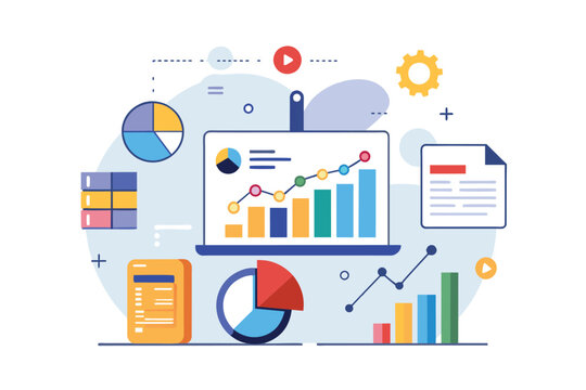 Computer screen displaying graphs and pie charts for business data analysis, Analyze business data, Simple and minimalist flat Vector Illustration