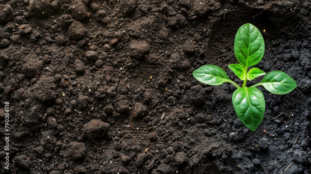 Poster Seedling and plant growing in soil and copy space for insert text