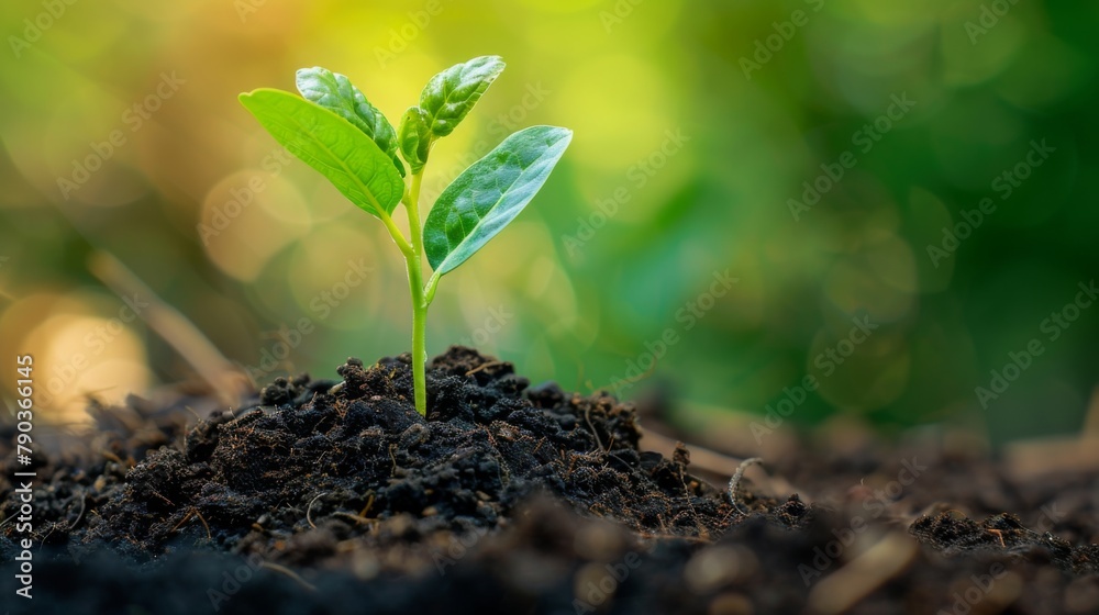 Poster Seedling and plant growing in soil and copy space for insert text