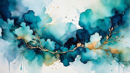 Ethereal and dreamlike abstract composition crafted with alcohol ink method, presenting a minimalist yet vibrant watercolor effect with striking color contrasts.