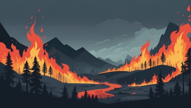 Flat and minimalistic vector depiction of wildfires, presenting the chaos and destruction in a clear and concise manner suitable for various visual applications.